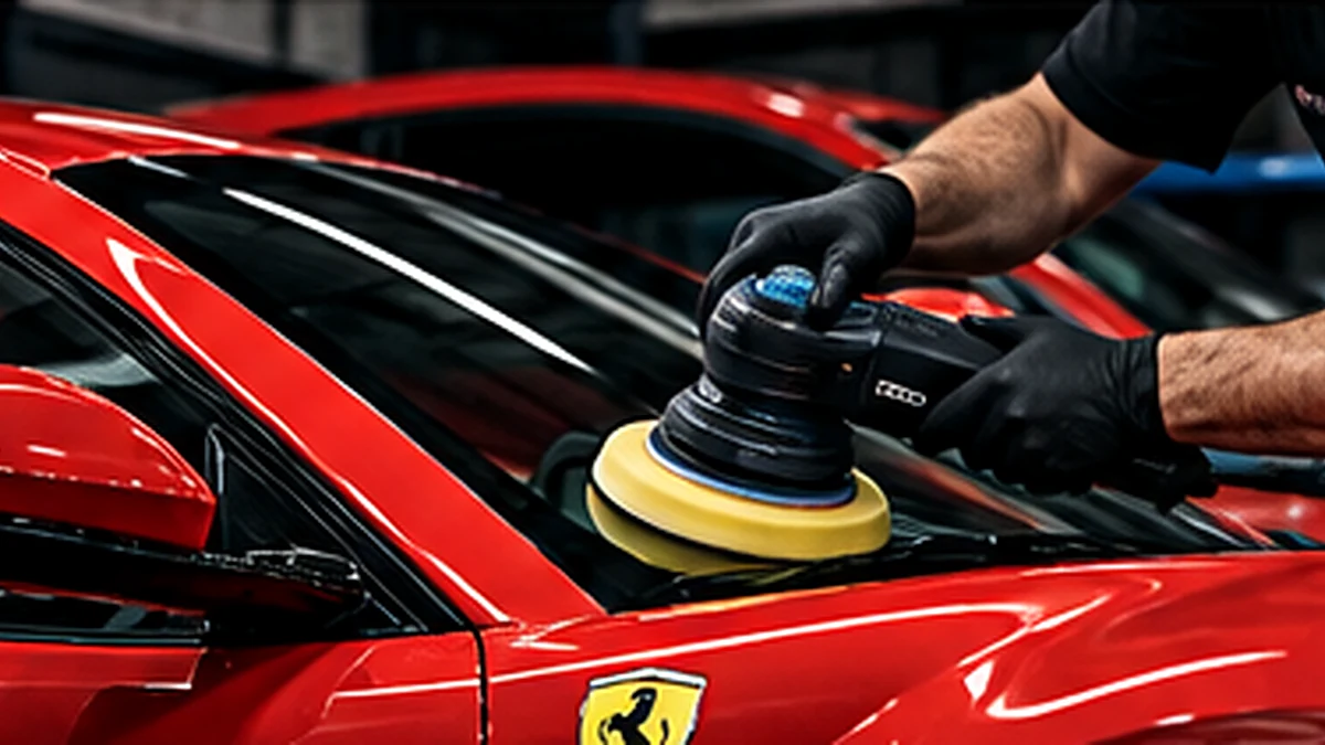 Illustrative specialist polishing a performance car’s paintwork