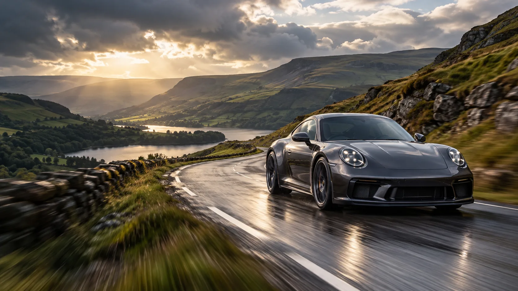 Illustrative graphite sports coupe on a dramatic winding mountain road in Wales