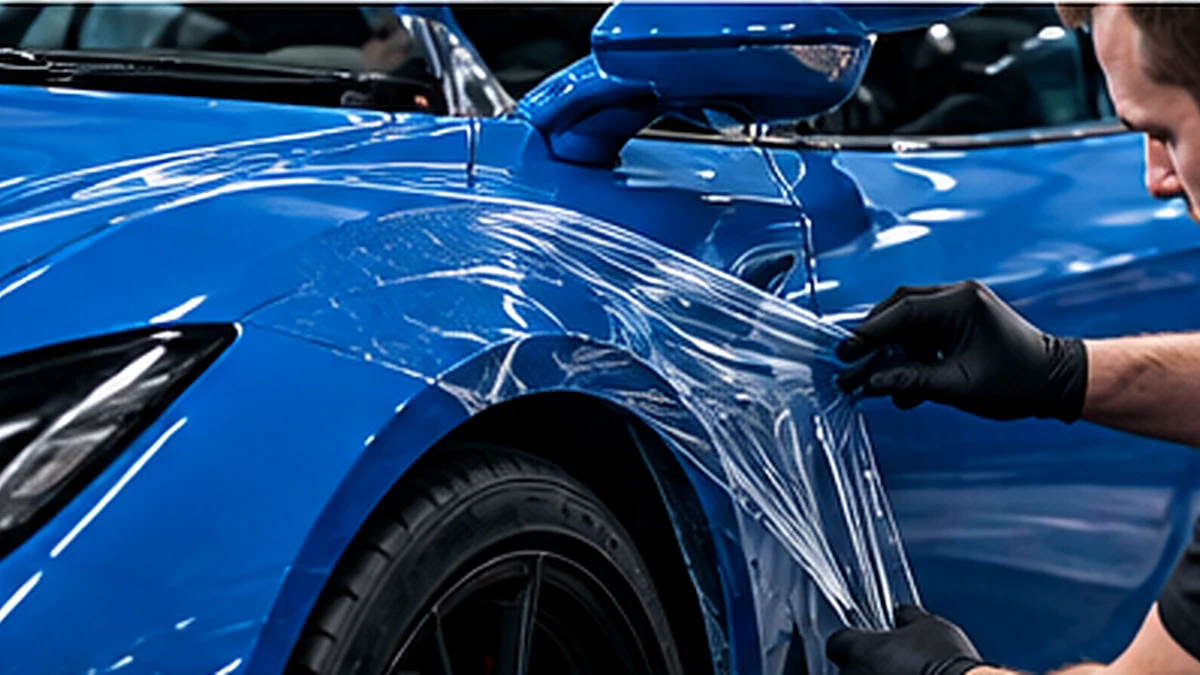 Illustrative installer applying paint protection film to a sports car