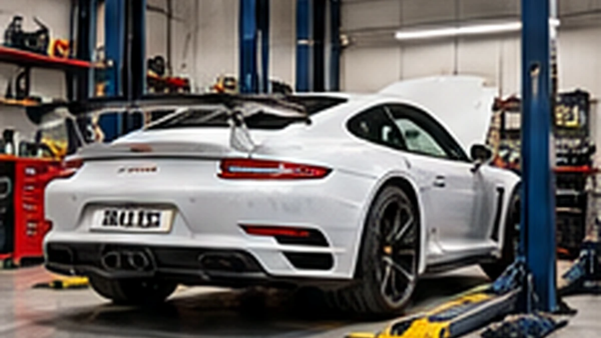 Illustrative mechanic inspecting a performance car in a workshop